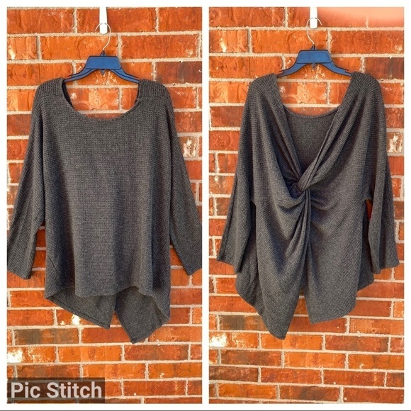 1. State Womens Large Gray Twist Vback Waffle Knit Sweater - Picture 1 of 11